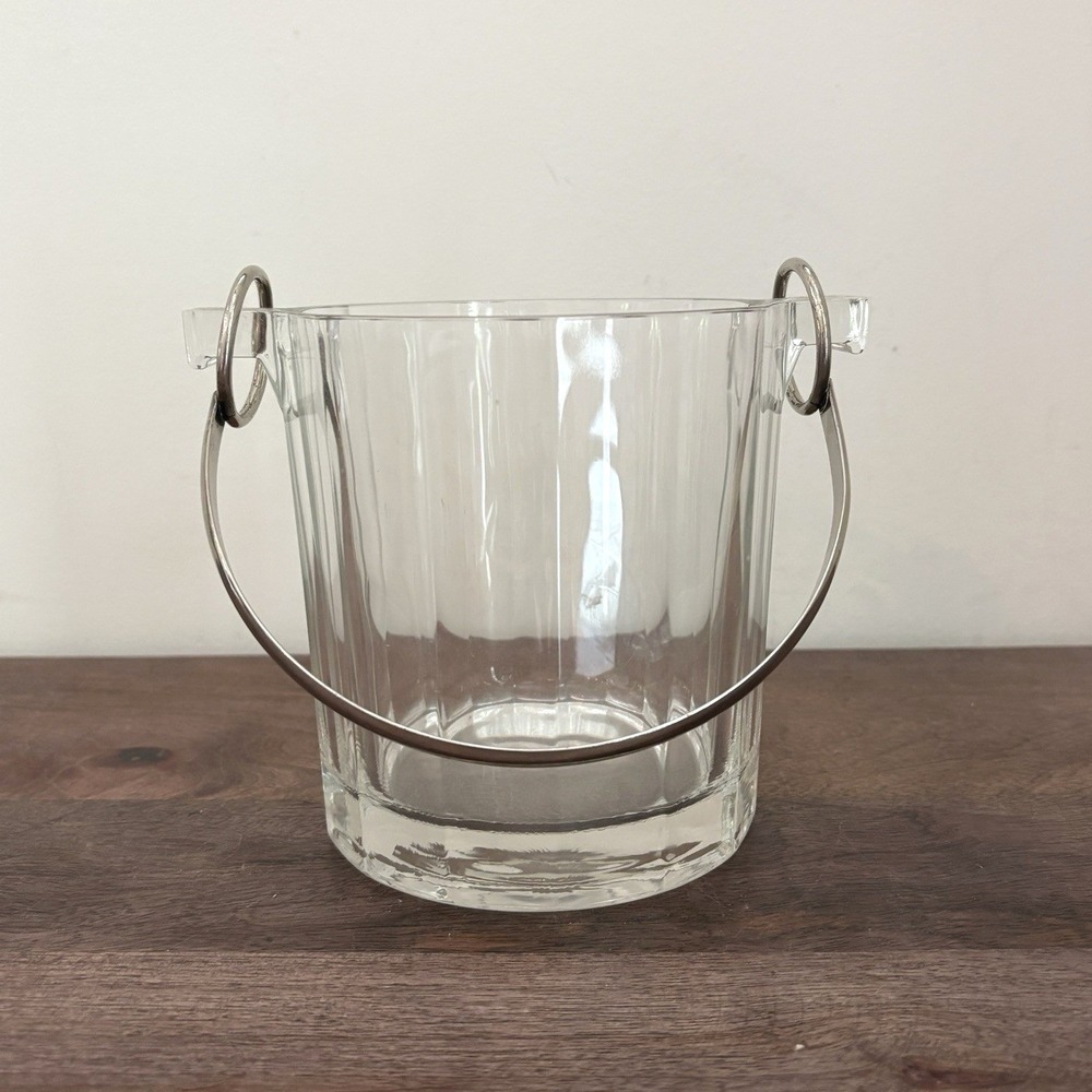 Vintage Faceted Glass Ice Bucket Handle Mid Century Heavy Paneled Barware Wine